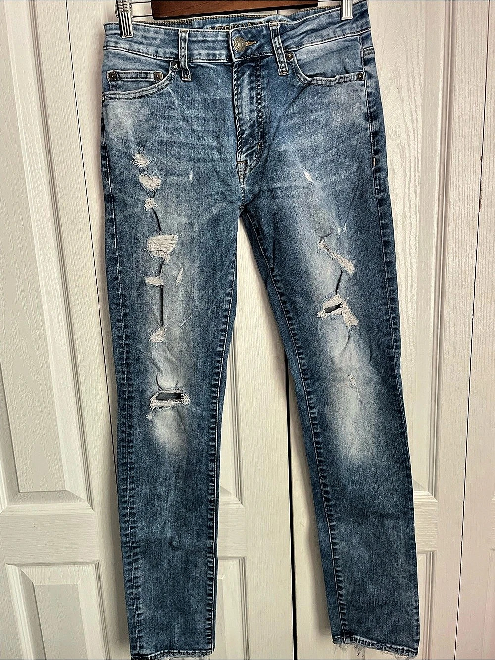 American Eagle Extreme Flex Distressed Slim Jeans, Blue, Size 29 x 32